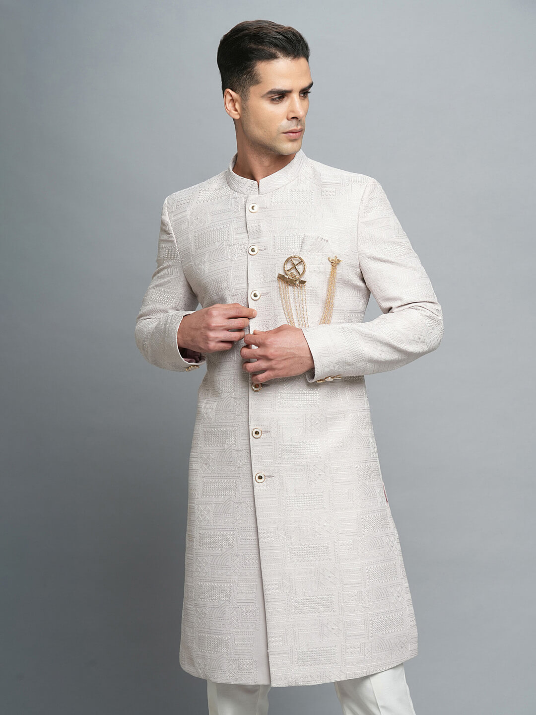 displaying image of Beige Threaded Embroidered IndoWestern