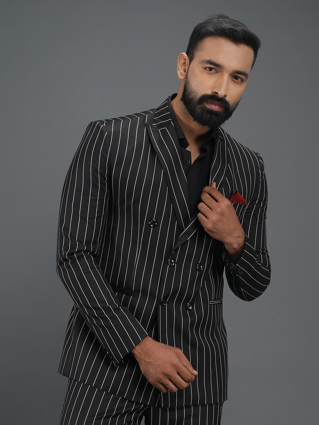 displaying image of Black Stripes 6 button Suit