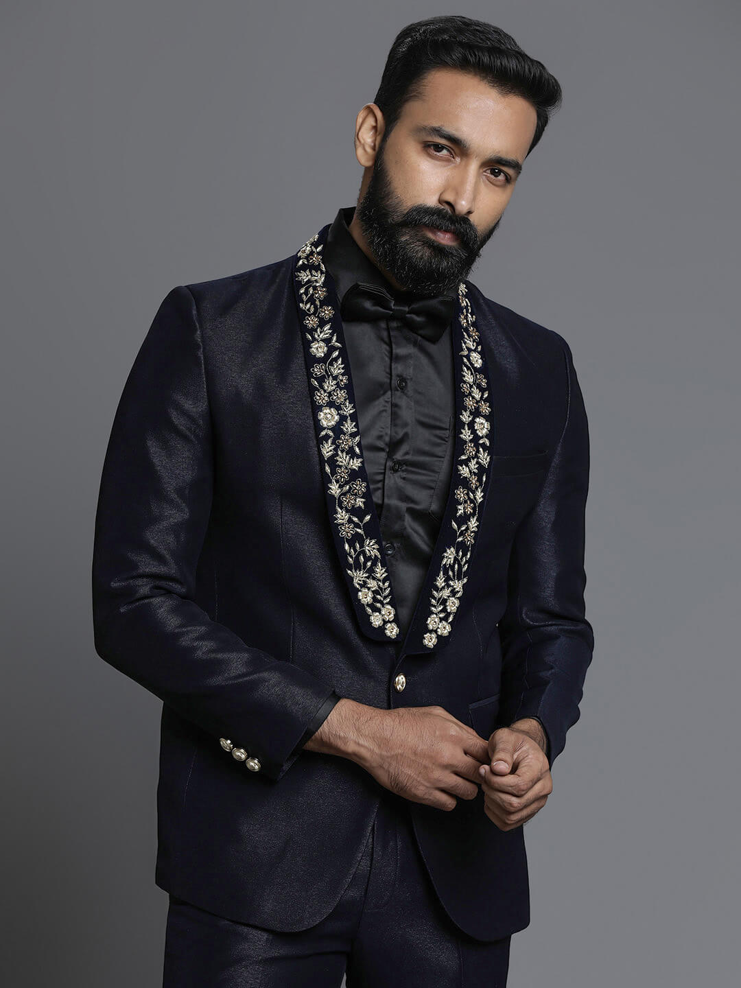 displaying image of Blue Embroidered 2 Piece Shiny Suit