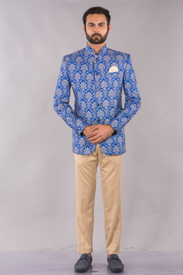 displaying image of Blue Printed Bandgala Suit