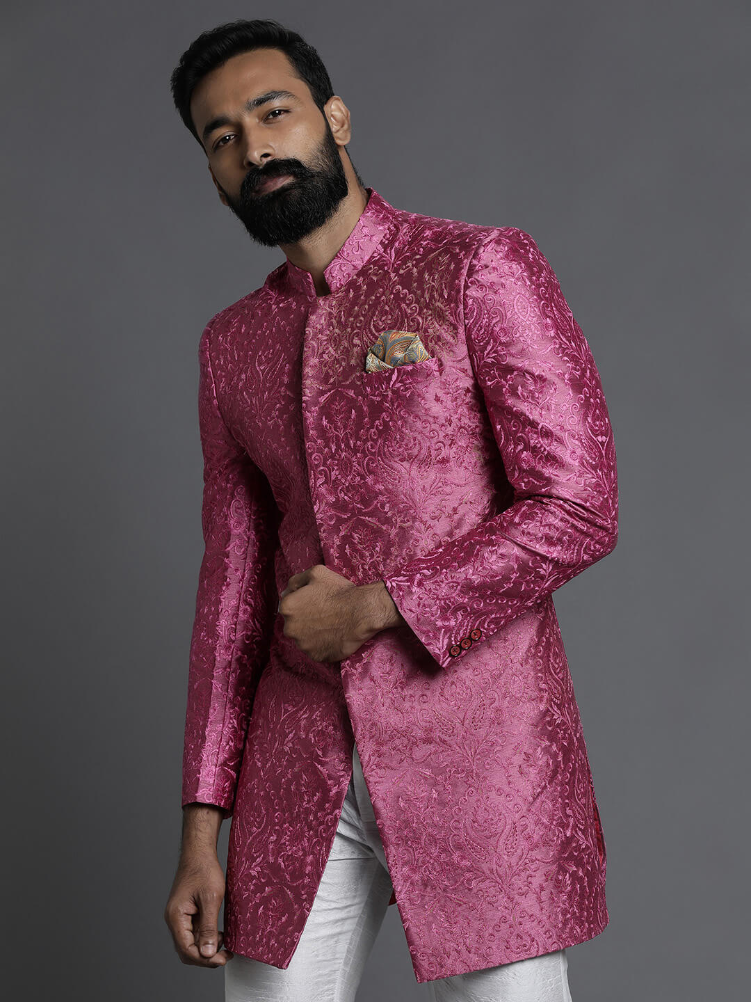 displaying image of Bold Pink Embroidered Sherwani