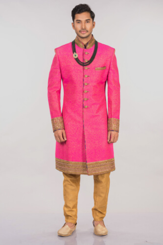 displaying image of BRIDAL PINK ETHNIC SHERWANI WITH GOLDEN EMBROIDERY