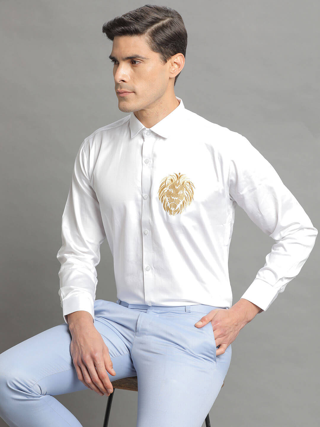 displaying image of Lion Embroidered White Shirt