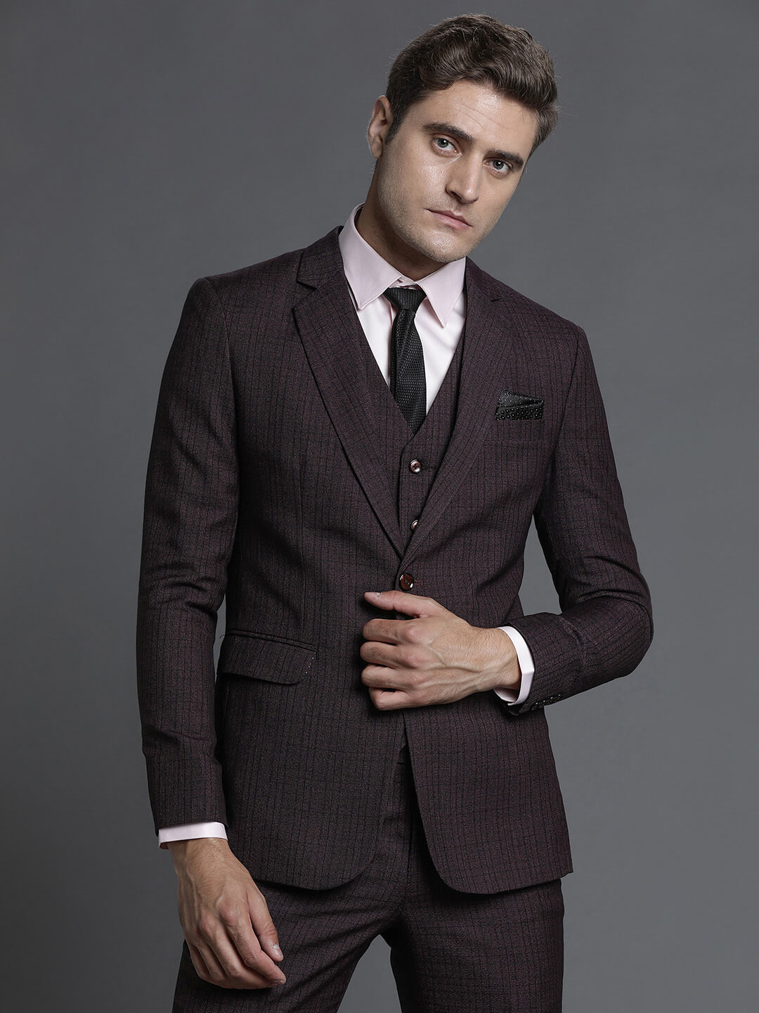 displaying image of Maroon Cheecks 3 Piece Suit