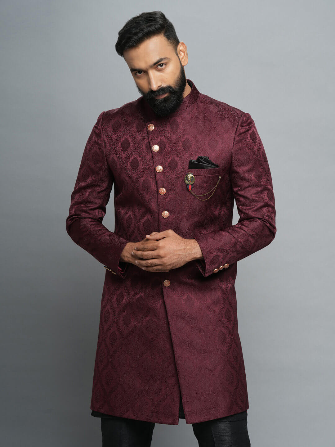 displaying image of Maroon Cross Button Jaquard IndoWestern
