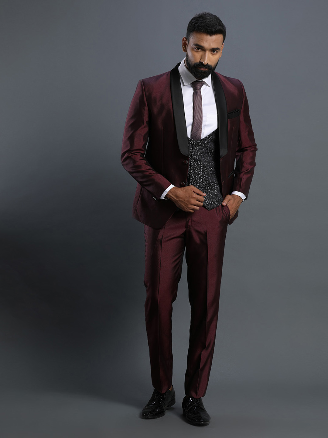 Rent/Buy Shiny Maroon Designer 3 piece Suit Home Trial