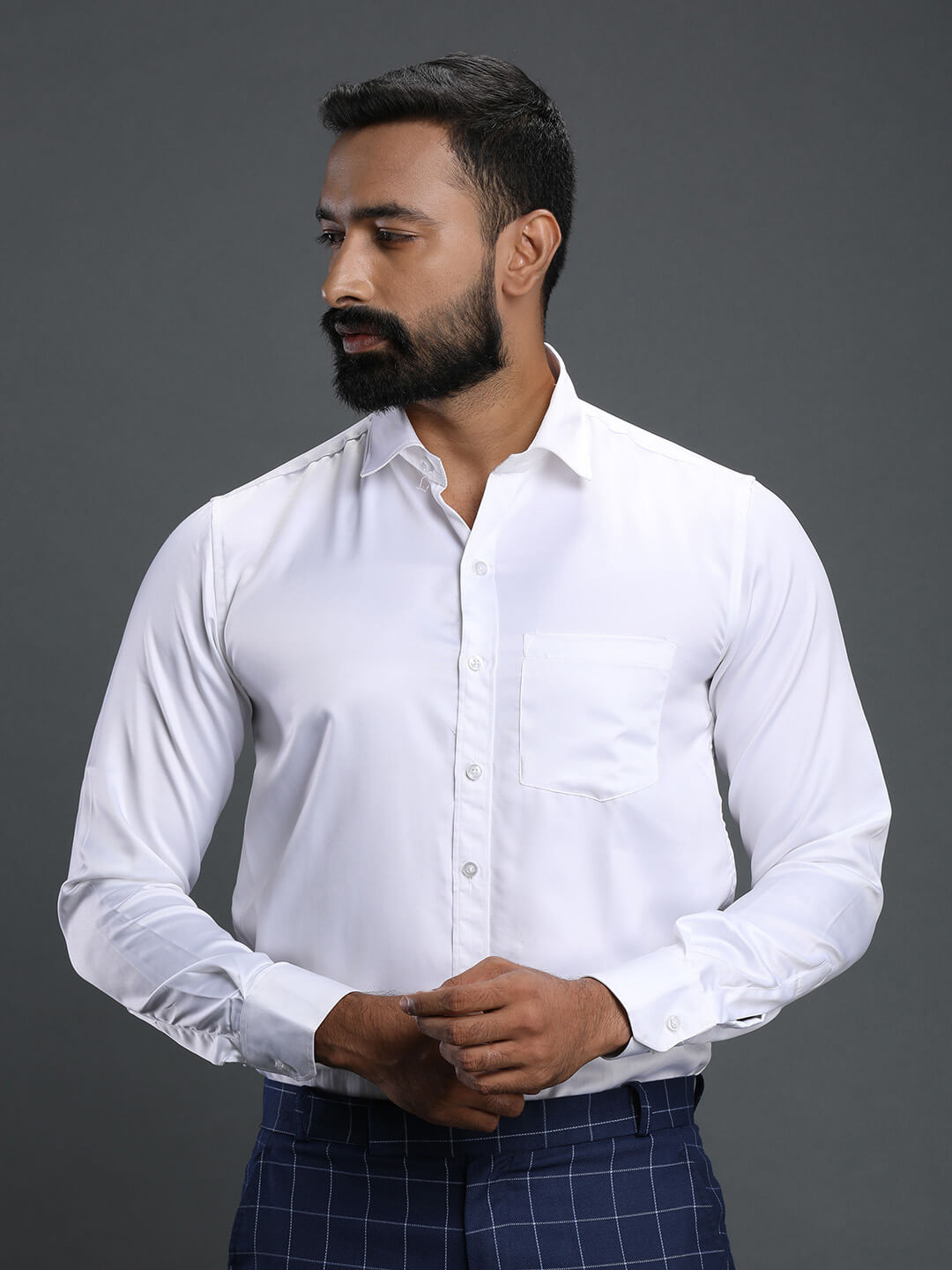 displaying image of White Formal Shirt - premium Satin Material