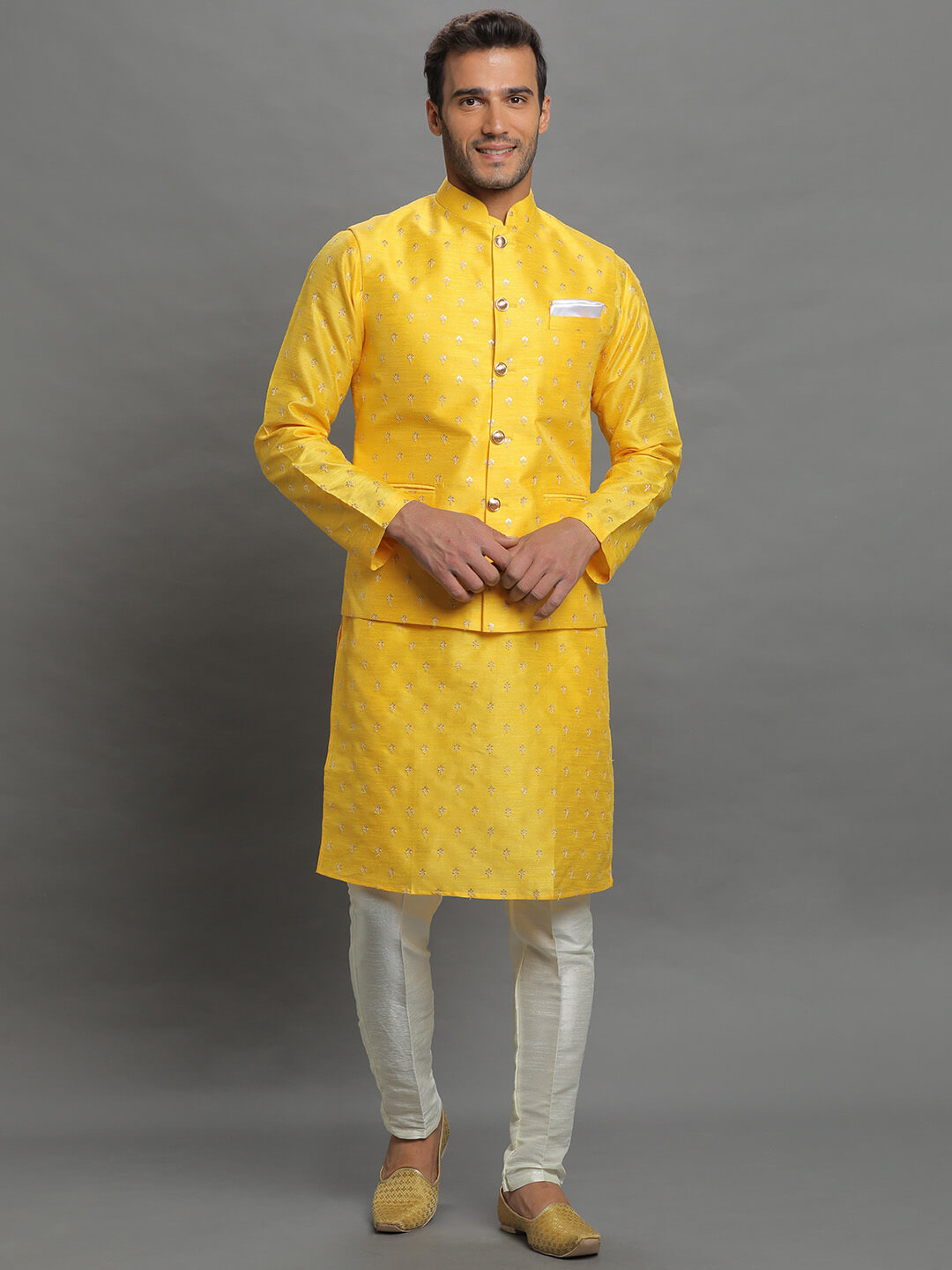 displaying image of Yellow Embellished Bandi Kurta Pyjama Set